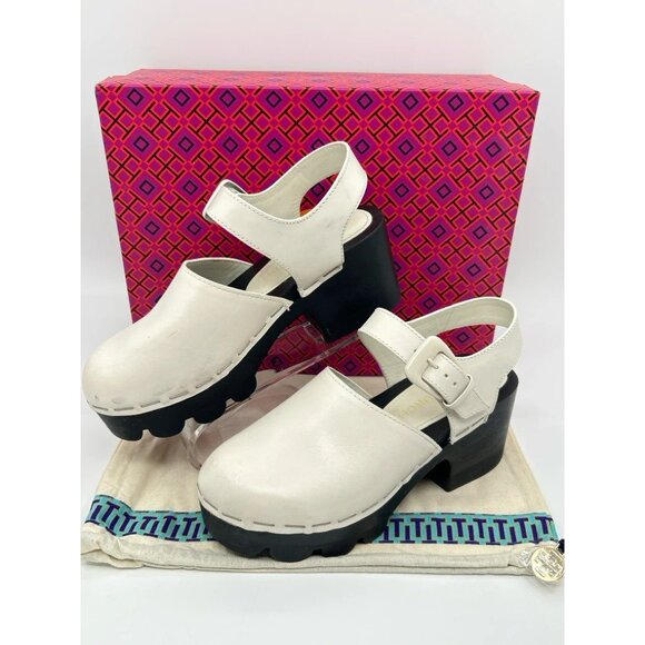 Tory Burch Lug Sole Vachetta Leather Platform Clogs Ivory, Size 7 - Picture 1 of 9